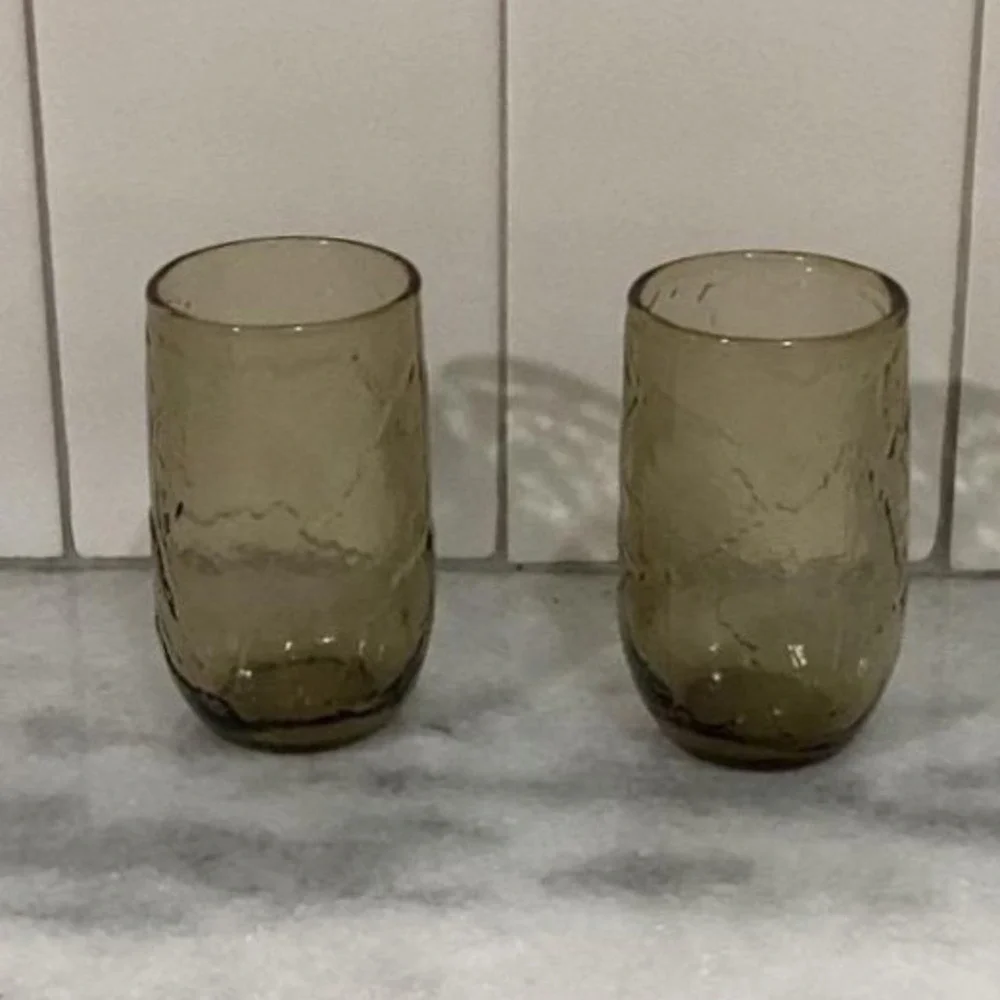Anchor Hocking Sherwood Spicy Brown Glass Shooters, Set of 2 Vintage Leaf Design